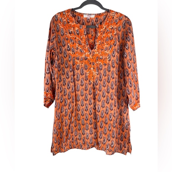 amaya Tops - Amaya Orange Silk Embroidered Blouse Size 40 EU